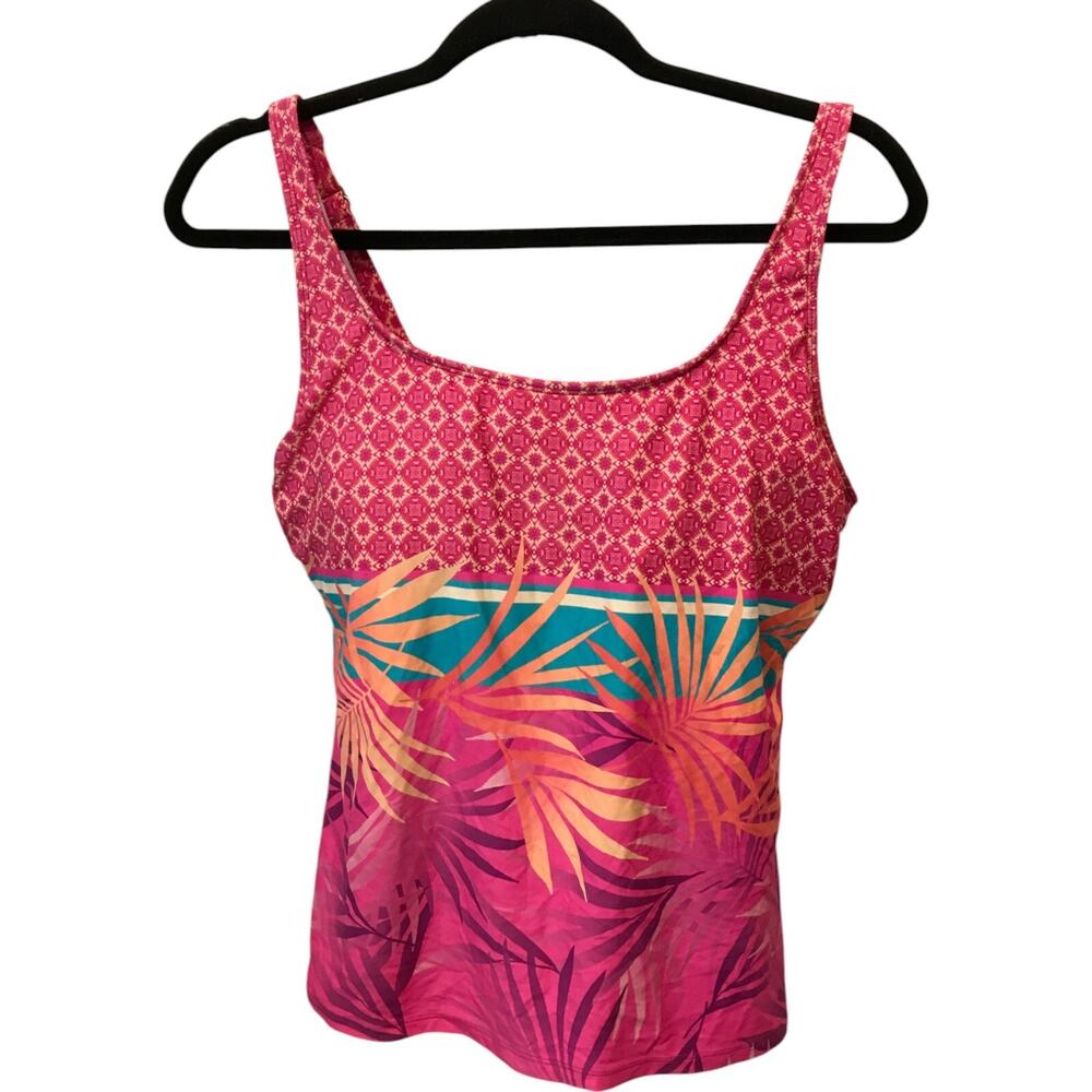 Beach House Tankini Top Womens 12 Pink Tropical Pattern Adjustable Strap Padded